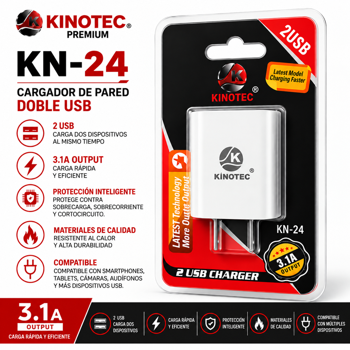 Cargador Kinotec KN-24 Doble USB