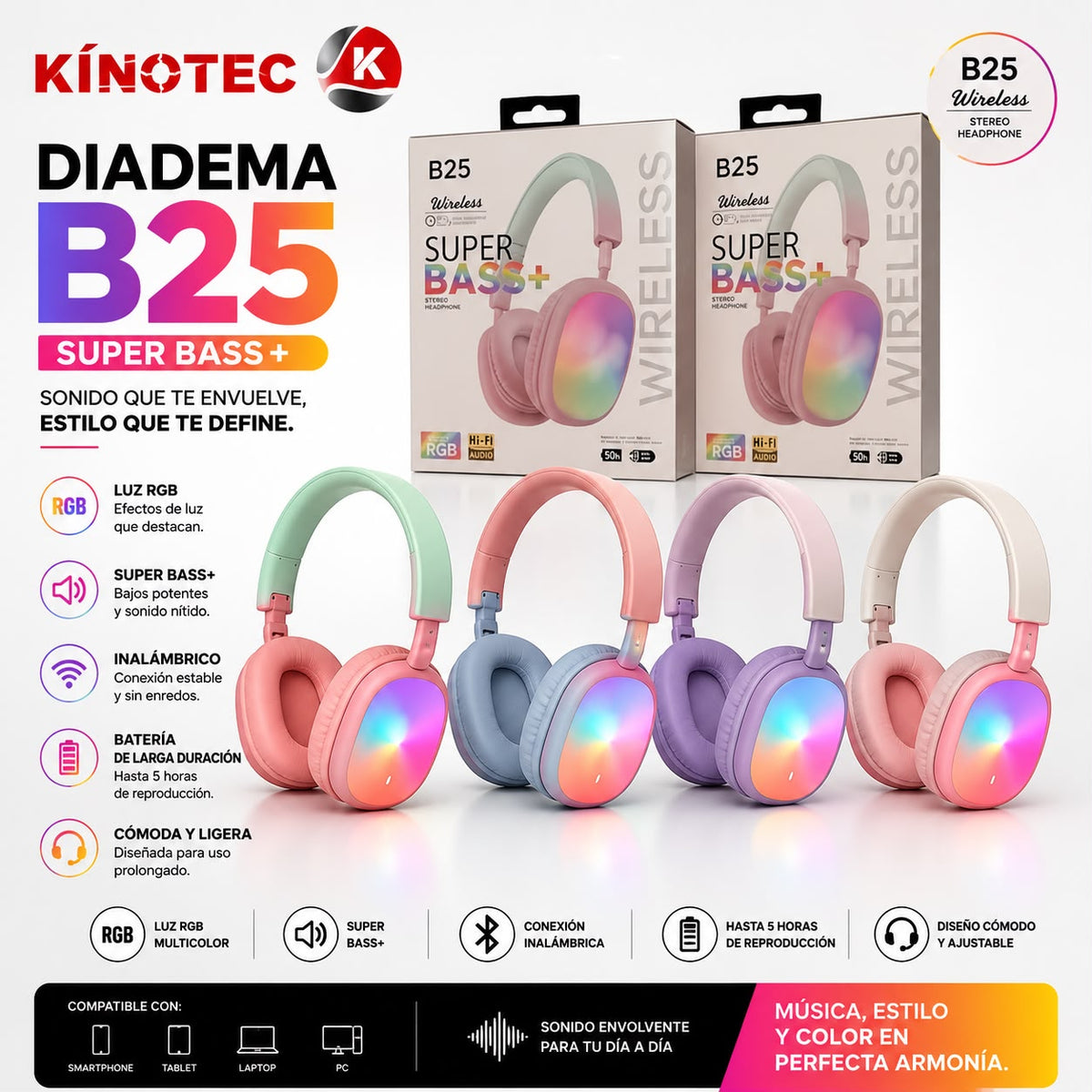 Diadema Bluetooth B-25 con luces LED