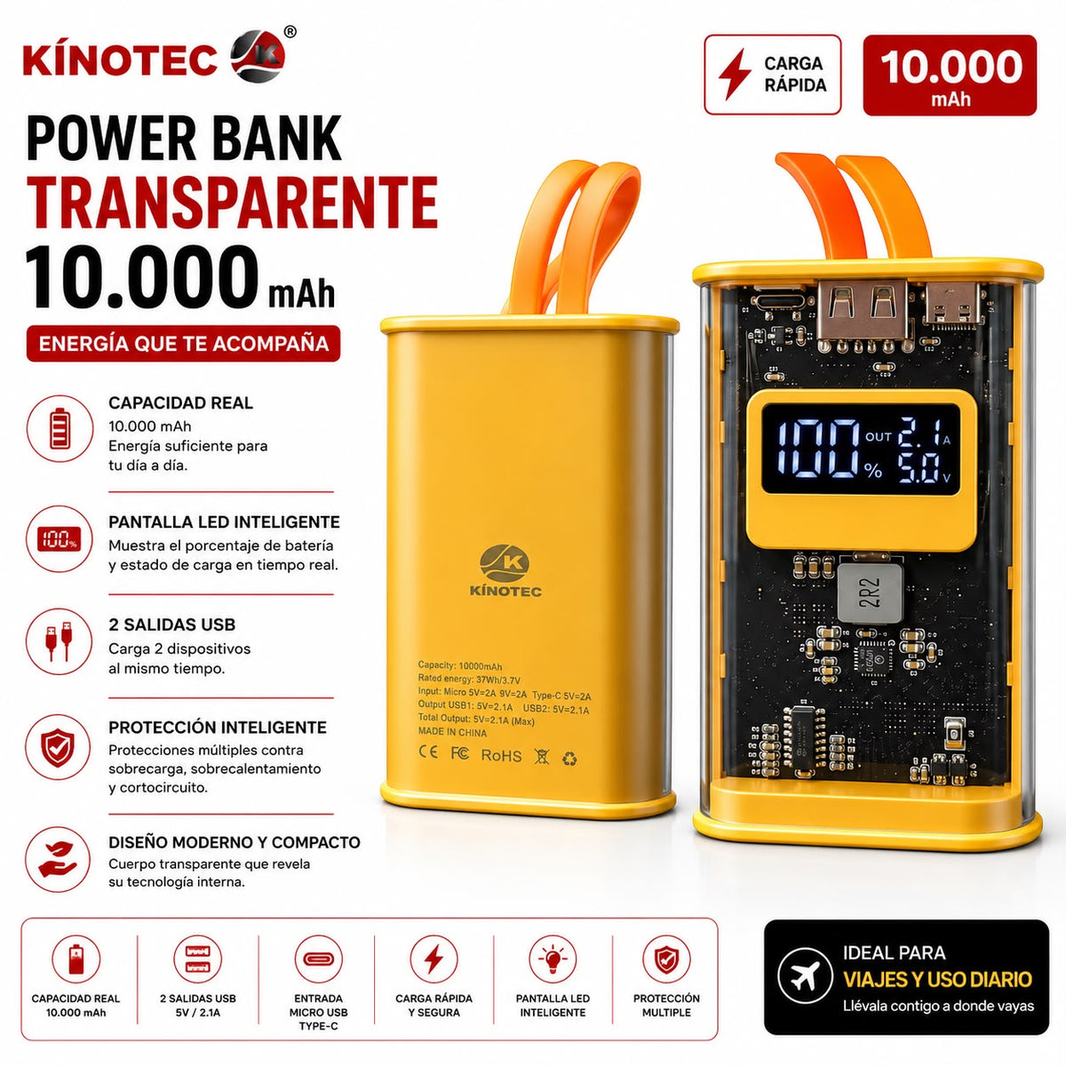 Power Bank Transparente – 10,000 mAh