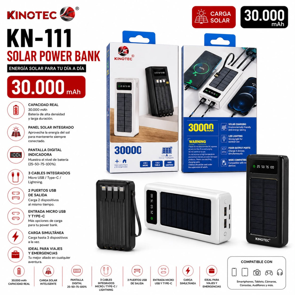 Power Bank Solar 30,000mAh Kinotec KN-111