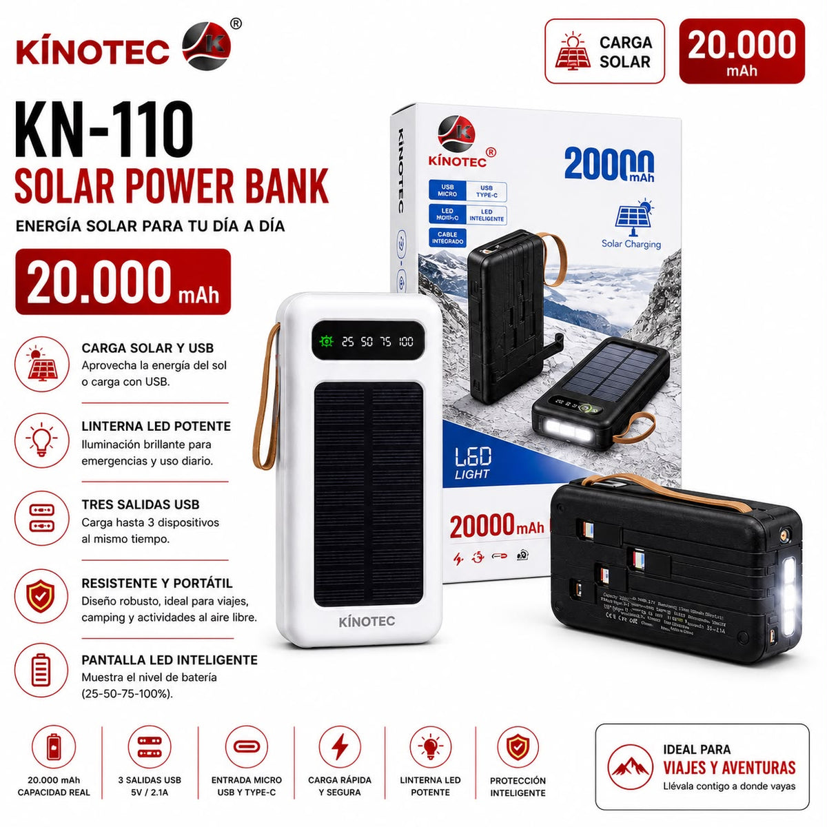 Power Bank Solar 20,000mAh Kinotec KN-110