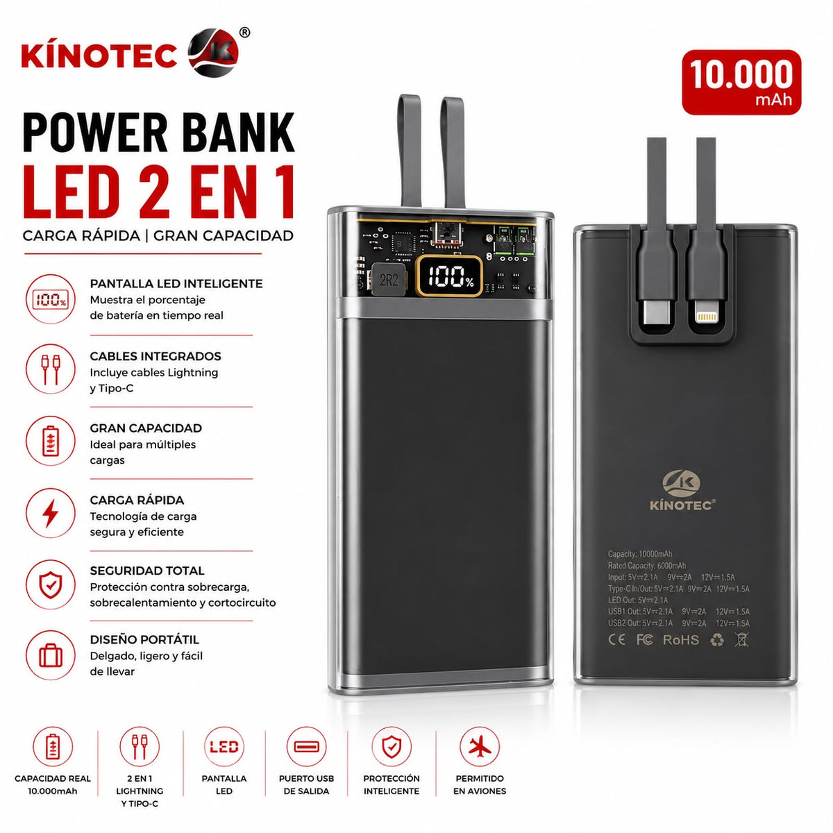 Power Bank LED 2 en 1 – 10.000mAh