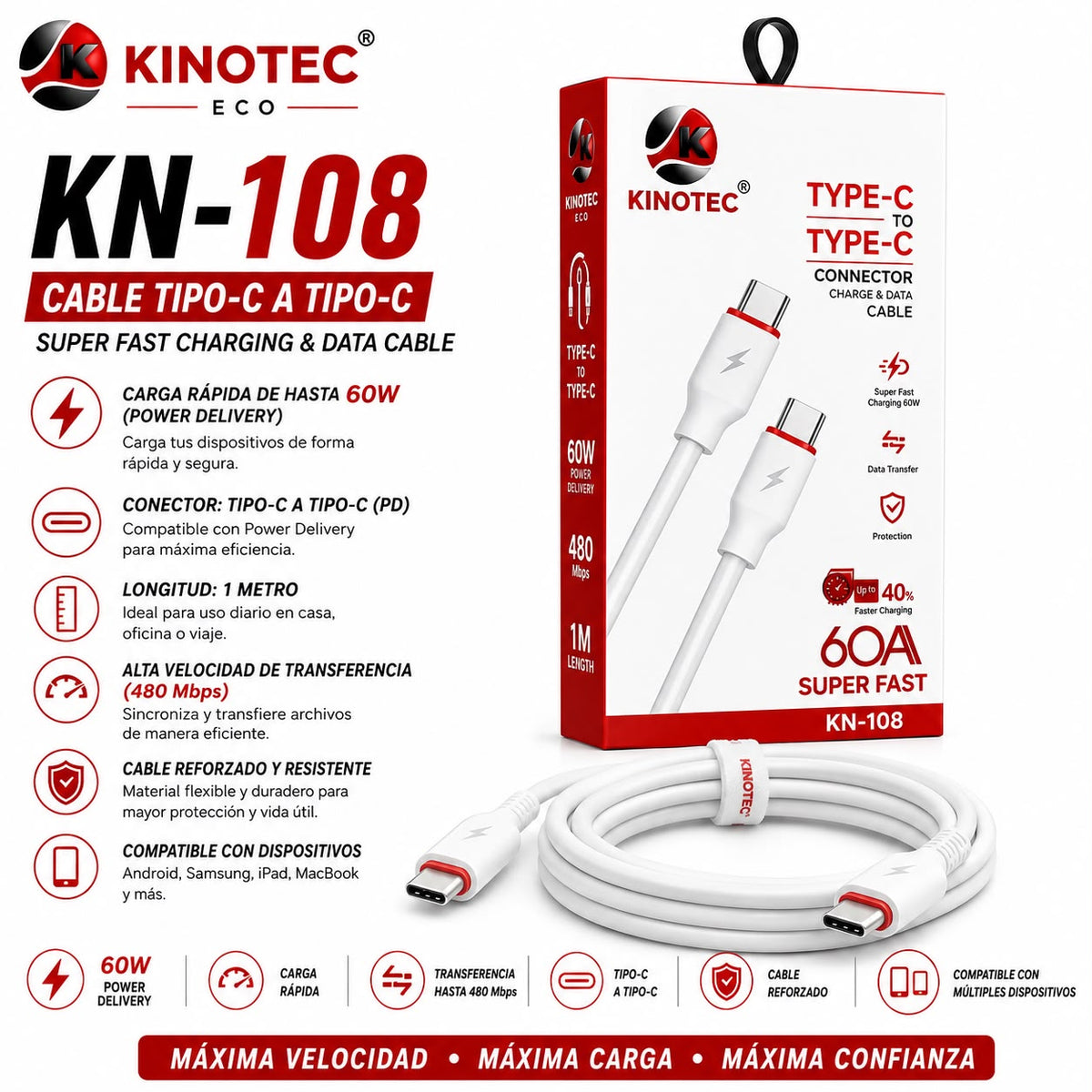 Cable Kinotec KN-108 Tipo C a Tipo C